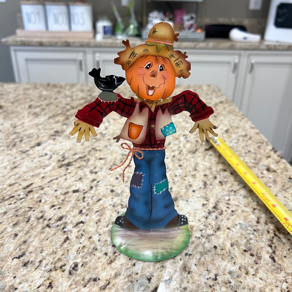 Metal Scarecrow Figurine Fall Harvest Thanksgiving Decor Pumpkin Head Crow 8"